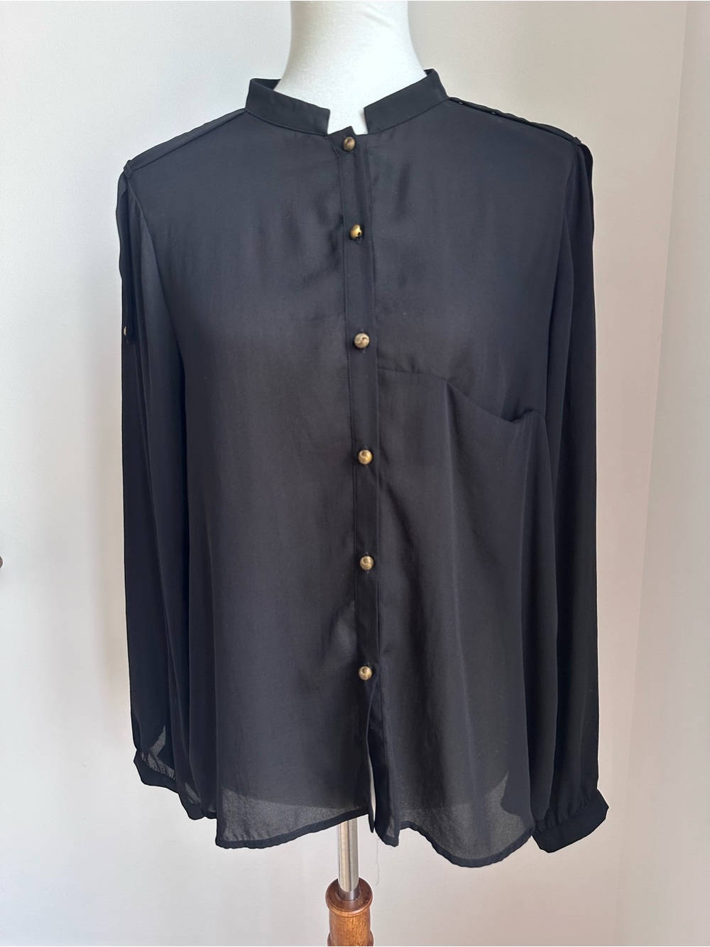 Zara Women Sheer Black Button-Front Blouse with Gold Buttons Size X-Large